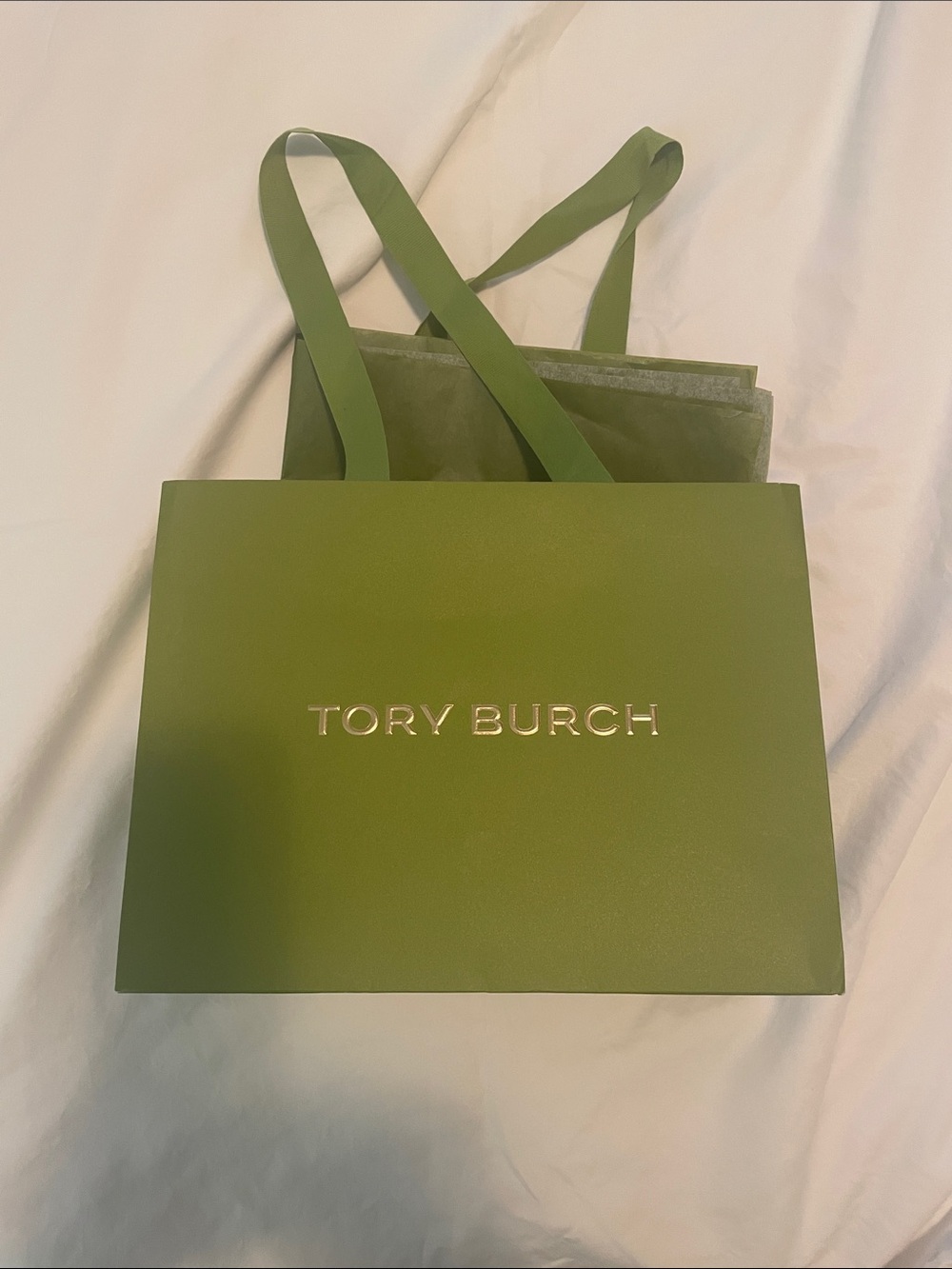 Tory Burch Olive Green Gift Bag with Metallic Logo